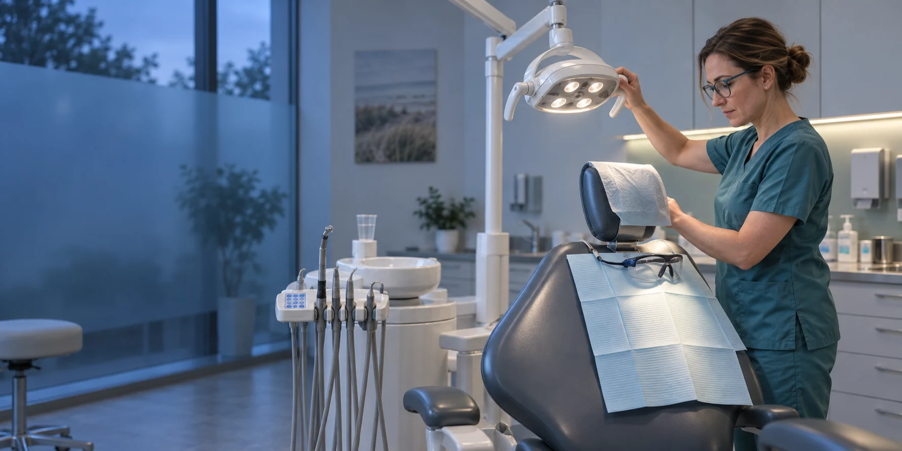 Dentystka przygotowująca lampę i pusty fotel przed pierwszą wizytą