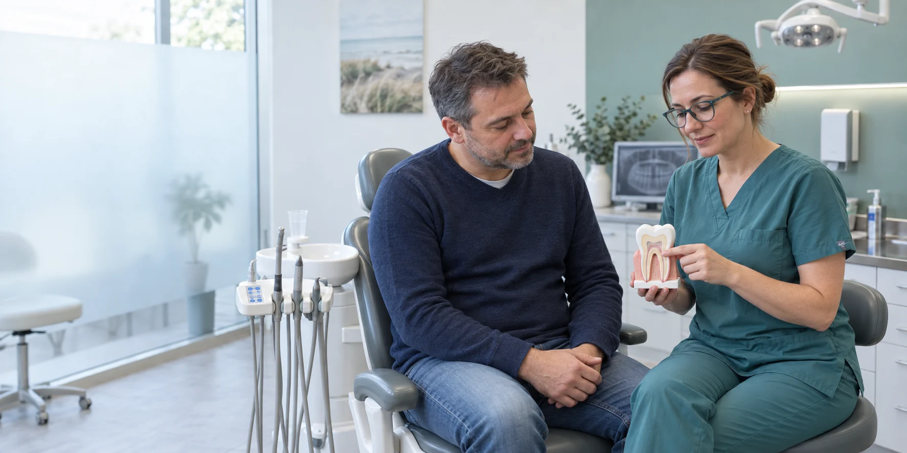 Dentystka spokojnie objaśniająca pacjentowi plan leczenia na modelu zęba