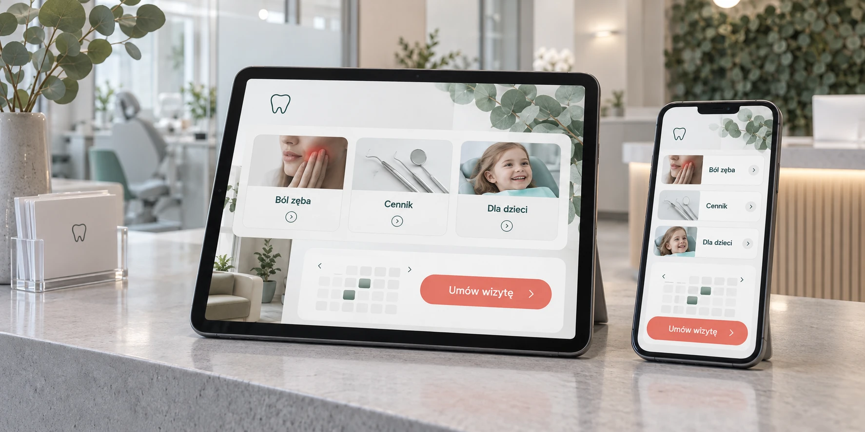 Strona gabinetu stomatologicznego na tablecie i telefonie z prostą ścieżką do wizyty
