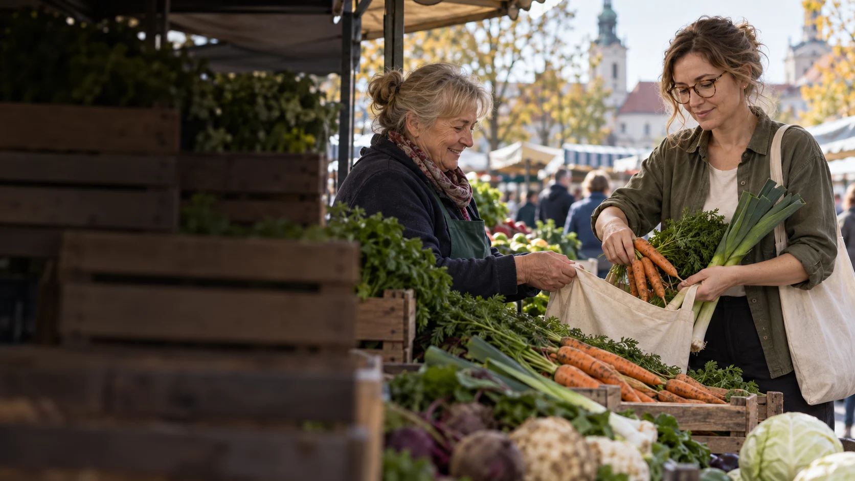 Dietetyczka wybierająca sezonowe warzywa na lokalnym targu