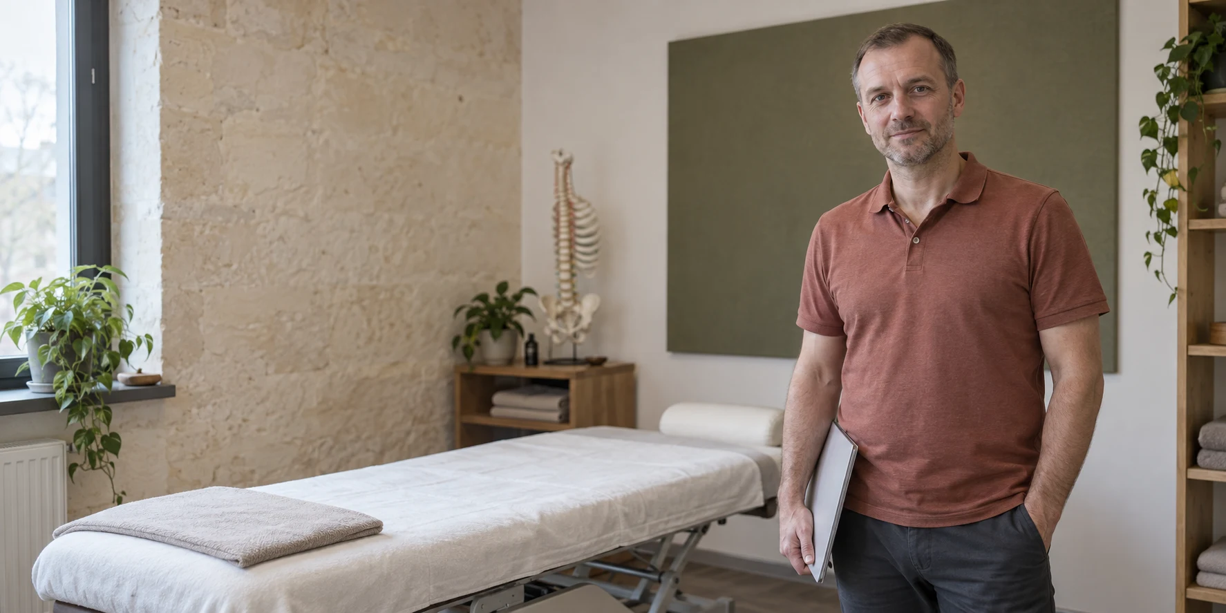Fizjoterapeuta z wykształceniem osteopatycznym w spokojnym gabinecie terapii manualnej