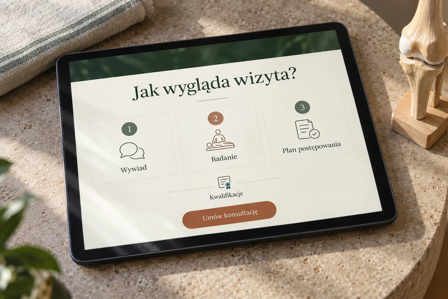 Tablet ze stroną opisującą wywiad, badanie i plan postępowania podczas wizyty osteopatycznej
