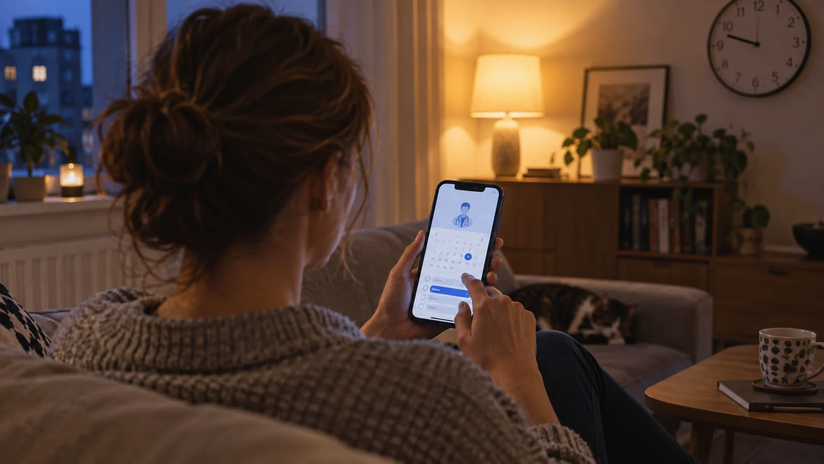 Pacjentka wieczorem w domu wybiera termin wizyty u lekarza w kalendarzu rezerwacji online na smartfonie.