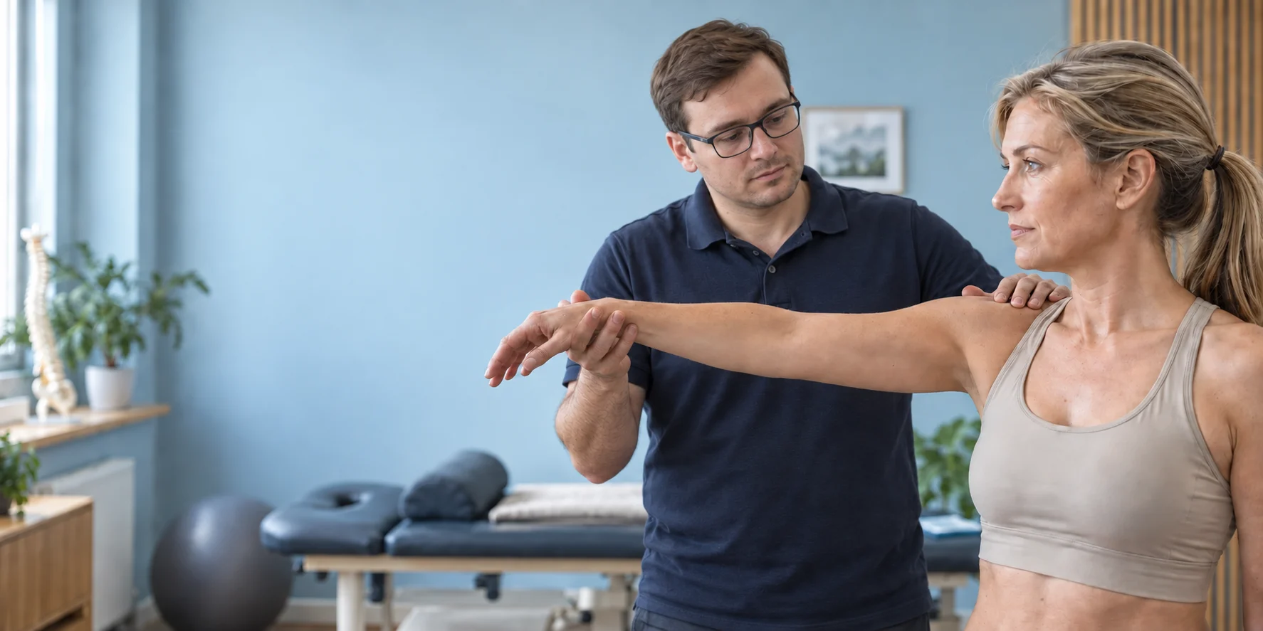 Fizjoterapeuta podczas funkcjonalnej oceny barku pacjentki