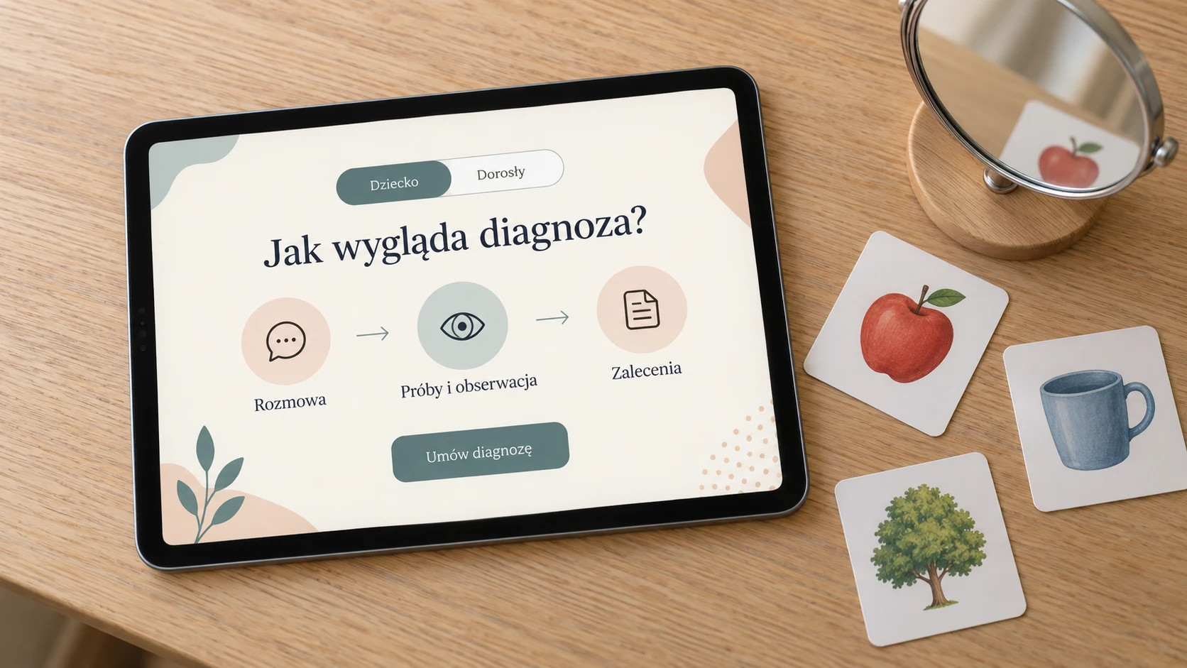 Tablet ze stroną opisującą diagnozę logopedyczną obok lustra i kart obrazkowych