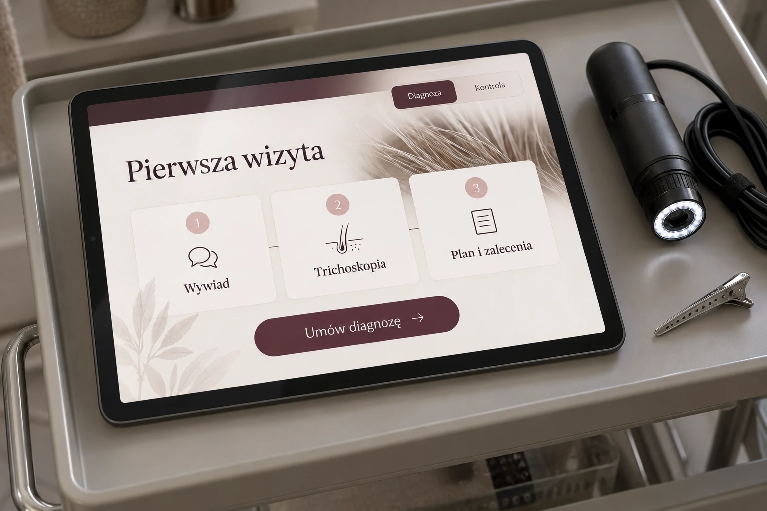 Tablet ze stroną opisującą wywiad, trichoskopię, plan i zalecenia w gabinecie trychologicznym
